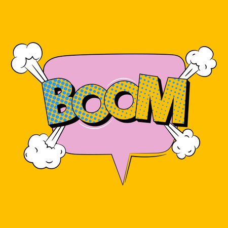BOOM cartoon explosions comical speech bubble in trendy pop art style. Bright cartoon messageのイラスト素材