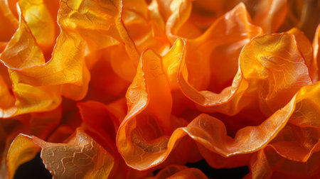Vibrant Orange Fabric with Ruffled Texture and Detailed Patternsの素材