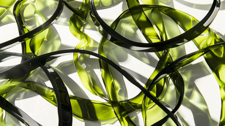 Vibrant Green and Black Abstract Patterns with Twisted Ribbons and Fluid Shapesの素材