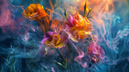 Vibrant Flowers Engulfed in Ethereal Smoke. Surrealistic Nature Artの素材
