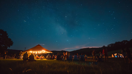 Outdoor Night Festival Under a Starry Sky with Illuminated Tent and Gathered Peopleの素材
