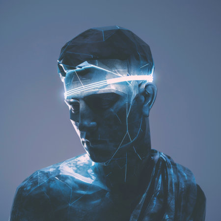 Futuristic Digital Sculpture of Human Head with Neon Light Band in Blue Tonesの素材