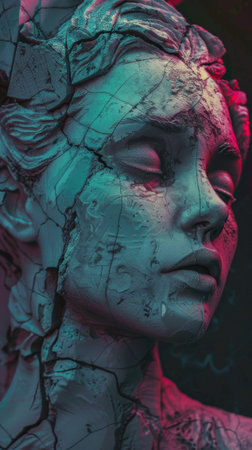 Surreal Cracked Statue Face in Colorful Lighting with Artistic Textureの素材