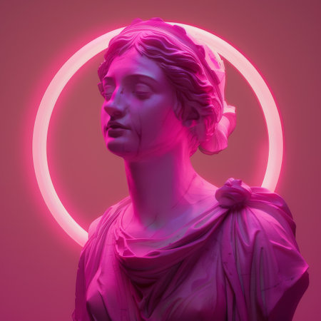 Neon Pink Statue with Circular Halo. Modern Classical Art Vibeの素材