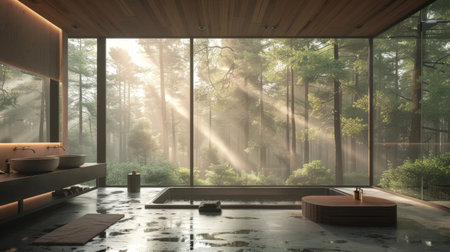 Luxurious Forest Retreat Bathroom with Sunlit Glass Walls and Modern Designの素材