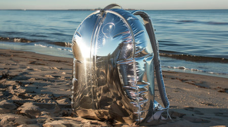 Reflective Silver Backpack on Sandy Beach Near Ocean at Sunriseの素材