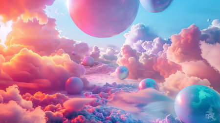 Surreal Dreamscape with Colorful Clouds and Floating Spheres in a Fantasy Skyの素材