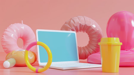 Colorful Inflatable Pool Toys and Laptop on Pink Pastel Backgroundの素材