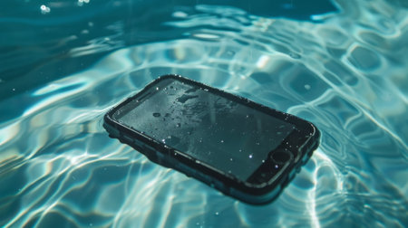 Smartphone Floating in Clear Blue Water Highlighting Waterproof Technologyの素材