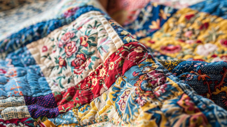 Colorful Handmade Patchwork Quilt with Floral Patterns and Vibrant Texturesの素材