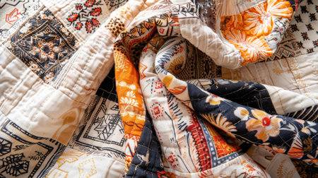 Colorful Patchwork Quilt Pattern in Warm Tones Close-Up Fabric Textureの素材