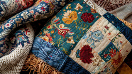 Colorful Patchwork Quilt with Floral Patterns on a Textured Surfaceの素材