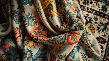 Colorful Floral Fabric with Intricate Patterns Draped Over Vintage Textileの素材