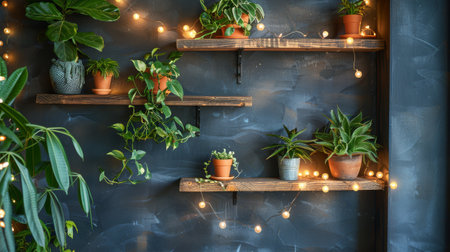 Stylish Indoor Plant Shelf with String Lights on Chalkboard Wall Backgroundの素材