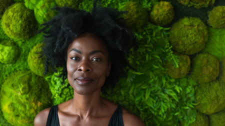 Portrait of a Woman with Natural Hair Against a Lush Green Backgroundの素材