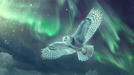 Majestic Snow Owl Flying Under Colorful Northern Lights in Arctic Night Skyの素材