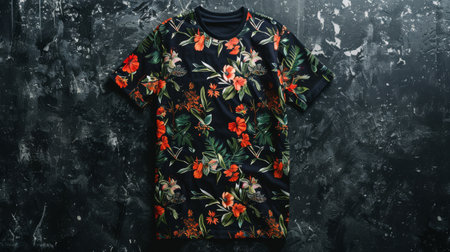Black Floral Patterned T-Shirt on Abstract Textured Backgroundの素材