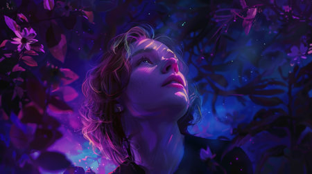 Serene Woman in Dreamy Floral Nightscape with Mystic Lighting and Soft Pastel Huesの素材