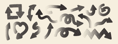 Set of arrows with photocopy effect. Vector noise grainy texture