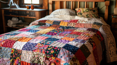 Cozy Handmade Patchwork Quilt on Rustic Wooden Bed in Sunlit Bedroomの素材
