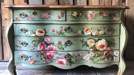Hand-Painted Vintage Dresser with Floral Design and Brass Handlesの素材