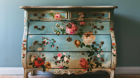 Vintage Floral Painted Dresser Against Blue Wall with Antique Brass Handlesの素材
