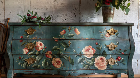 Vintage Hand-Painted Floral Dresser with Brass Handles in Rustic Home Decorの素材