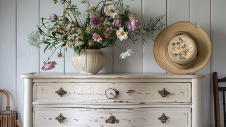 Rustic Vintage Dresser with Wildflower Bouquet and Straw Hat on White Wooden Wallの素材