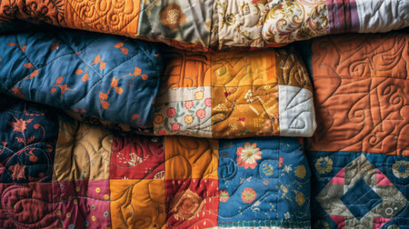 Colorful Handmade Quilts with Intricate Patterns and Texturesの素材