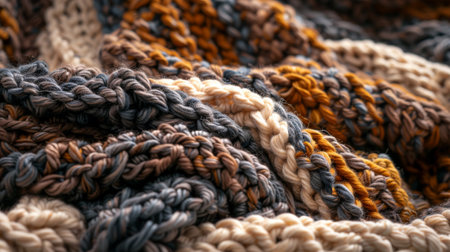 Close-Up of Cozy Multicolored Knitted Blanket with Warm Earth Tones and Soft Textureの素材