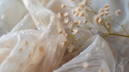 Delicate Lace Fabric with Small White Flowers and Pearls Creating an Elegant and Soft Atmosphereの素材