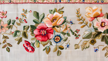 Handmade Colorful Floral Embroidery on Fabric with Rich Details and Vibrant Patternsの素材