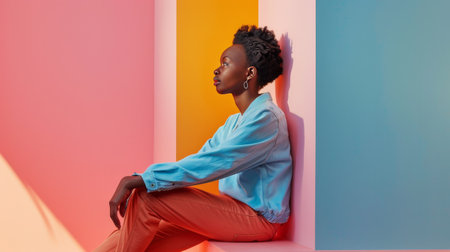 Stylish Woman Sitting in Colorful Studio Setting with Vibrant Pink, Yellow, and Blue Backgroundsの素材