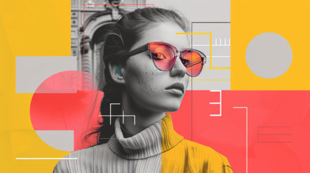 Modern Portrait of Trendy Young Woman with Sunglasses and Geometric Abstract Backgroundの素材