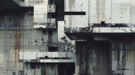 Abstract Brutalist Architecture with Weathered Concrete Structures in Urban Settingの素材