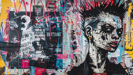 Vibrant Urban Graffiti Wall Art with Punk Portrait and Colorful Abstract Backgroundの素材