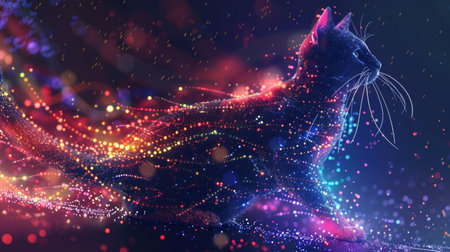 Digital Art of Neon Cat with Glowing Lights and Futuristic Vibes in Cosmic Backgroundの素材