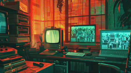 Retro Tech Office with Vintage Computers, Monitors, Neon Lighting, and Futuristic Designの素材