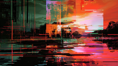 Abstract Digital Glitch Art with Vibrant Colors and Futuristic Landscapeの素材