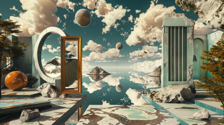 Surreal Dreamscape with Floating Spheres, Abstract Architecture, and Reflective Watersの素材