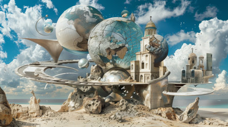 Surreal Architectural Fantasy with Floating Spheres and Ancient Structures on Sandy Beachの素材