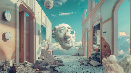 Surreal Dreamscape with Floating Face Structure in Abandoned Room with Cracked Floorの素材