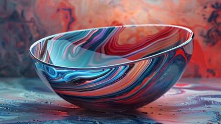 Vibrant Abstract Glass Bowl with Swirling Colors and Artistic Patternsの素材