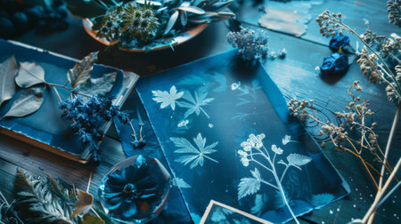 Botanical Cyanotype Prints on Table with Flowers and Leaves in Blue Tonesの素材