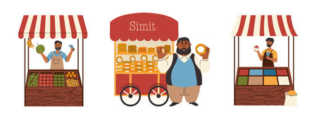 Stalls with vegetables, spices, bagels. Turkish market set. Vector illustration.のイラスト素材