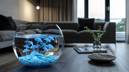 Modern Living Room with a Futuristic Blue Jellyfish Aquarium on Wooden Coffee Tableの素材