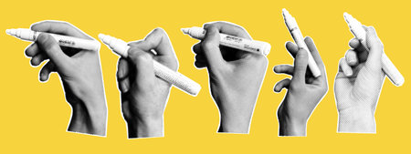 Trendy collage set with hands holding marker on yellow background. Retro dots halftone effect....