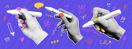 Collage hands with marker and doodle elements. Trendy halftone style. Grunge punk collectionのイラスト素材