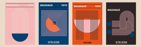 Set of abstract posters with geometric shapes and zen arch with stripe pattern. Vector background in trendy boho aestheticのイラスト素材