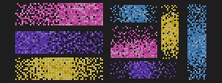 Set of bright disintegration pixel effect backgrounds. Mosaic texture with simple particles. Vector illustration.のイラスト素材